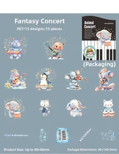 Close-up of 15-piece PET animal concert stickers with cute hand-drawn musical motifs