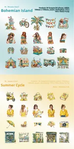 Detailed view of hand-drawn summer themed paper scrapbooking stickers in 20-piece sets