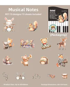 Detailed spread of cute PET animal concert stickers featuring forest musicians and music notes