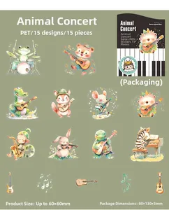 Detail view of 15pcs animal concert PET stickers featuring watercolor music characters