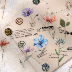 Vintage floral PET stickers with botanical designs and script for creative scrapbooking
