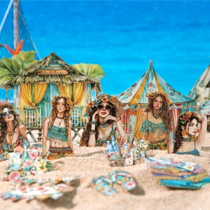 Tropical summer scrapbook stickers featuring bohemian women and beach scenery in sand