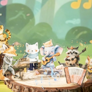 Forest animal concert PET stickers featuring hand-painted fox, cat and elephant musicians