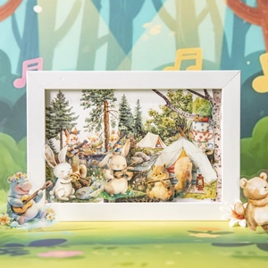 3D forest concert paper carving art frame with cute musical animals and PET stickers