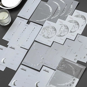 Letterpress moon phase memo set with silver foil stamping and translucent storage bag