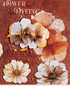 Close-up of vintage flower dyeing stickers with gold foil edges and water droplets