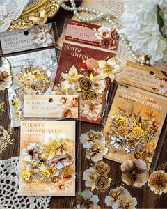 Close-up of vintage flower stickers with 3D gilding process and PET material texture