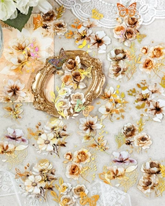 Detailed view of vintage flower PET stickers with gold foil accents and butterfly motifs