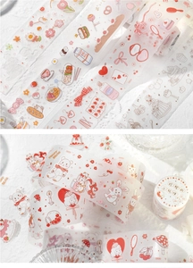 Macro detail of PET decorative tape featuring cute dessert and animal illustrations