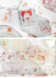 Macro view of cute teddy bear and dessert PET tape stickers with sparkling matte texture