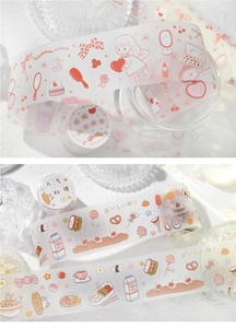 Detail of matte PET decorative tapes with cute food and cosmetic hand-drawn illustrations