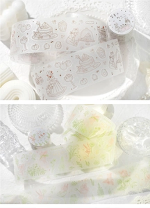 Close-up of cute PET deco tape with summer dessert and floral themes for journaling