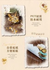 Detail of waterproof PET floral stickers with gold foil accents for DIY journaling