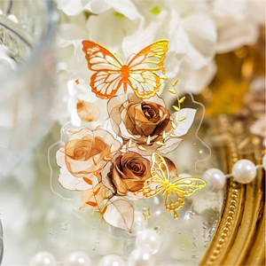 Vintage Floral PET Stickers Gold Stamping Butterfly Flower Decorative Decals For DIY Scrapbooking Journal Planning Art Crafts Decoration