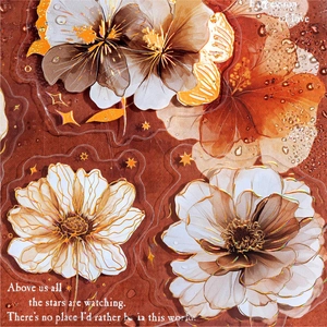 Retro PET floral stickers with gold foil accents for journaling and DIY crafts