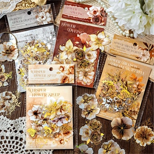 Retro PET flower stickers with 3D gold foil for journals on vintage wood