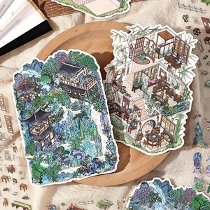 Classic Chinese architecture stickers set for DIY scrapbooking with garden scenes