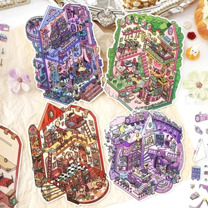 Set of 4 DIY decorative house-shaped stickers with detailed room theme illustrations