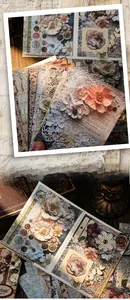 Vintage scrapbooking paper featuring retro floral motifs and delicate lace patterns