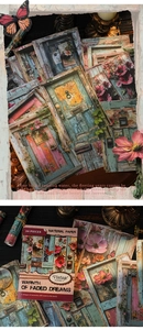 Macro shot of vintage style decorative papers with floral and butterfly patterns for DIY scrapbooking