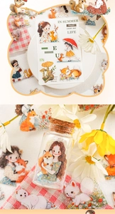Detail of cartoon pet stickers with forest elements and decorative glass jar packaging