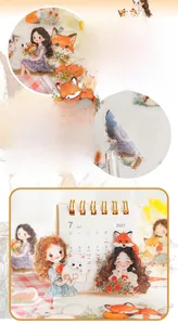 Detailed view of hand-drawn PET stickers featuring girls, foxes, and floral patterns