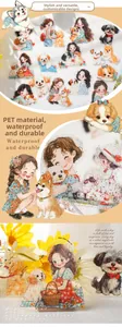 Detail of waterproof PET stickers featuring cute cartoon girl and dog illustrations