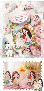 Detail showing hand-drawn Aya's companions stickers with cute girl and sheep illustrations