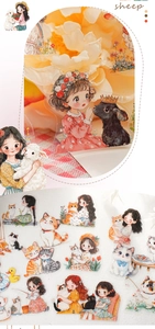 Detail of cartoon girl and pet stickers with a transparent PET material and cute art