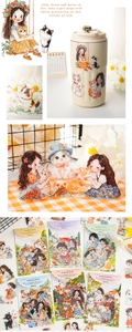 Detail of cute cartoon pet stickers applied on a white mug with aesthetic floral background