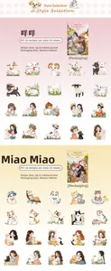 Detailed view of hand-drawn PET stickers featuring cute cat and sheep themes for journaling