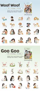 Detailed view of PET decorative stickers featuring cartoon dog and rabbit themes for DIY