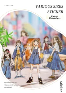 Detail of PET stickers showing casual girl figures and artistic urban style scenery