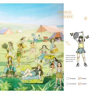 Detail of waterproof PET stickers showing girls camping and picnicking for scrapbooking