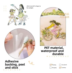 Waterproof PET stickers with cartoon girl theme showing easy-to-peel adhesive backing details