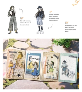 Detail of PET stickers featuring trendy girls with skateboards and cameras for DIY journals