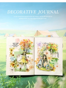 Detail of cartoon girl stickers and floral patterns in a decorative journal outdoors