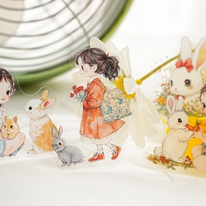 Cartoon girl and rabbit PET stickers set for DIY scrapbooking and planners decoration
