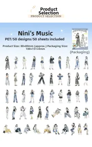 Detailed catalog of 50 waterproof PET stickers featuring Nini musical themed characters