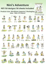 Detail view of 50 pieces PET cartoon character stickers for DIY scrapbooking and crafts