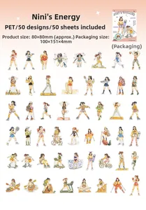 50 unique PET stickers showing diverse female characters in yoga and outdoor lifestyle scenes