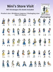 Flat lay of 50 pieces unique hand-drawn girl character waterproof PET stickers set