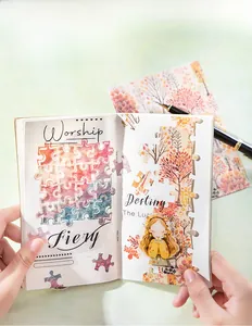 Detail of autumn forest scenery puzzles and DIY stickers applied on a journal page