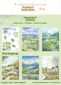 Detail view of Emerald Mountains washi paper sticker set with landscape watercolor patterns