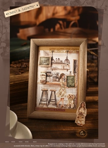 Macro view of vintage cafe themed sticker book with wooden frame and retro DIY elements