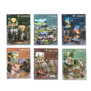 Set van 15 donkere natuurstickers met bos-, sterrenhemel- en strandlandschappen