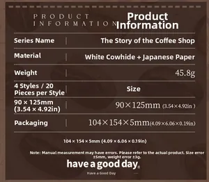 Detailed specs for retro coffee shop stickers featuring 80 pieces of white kraft and washi paper