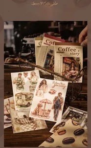 Detail of vintage coffee story stickers showing various retro cafe designs on a warm background