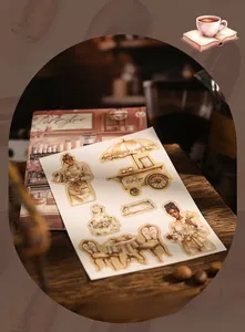 Retro hand-drawn coffee theme stickers featuring a barista, cafe cart, and vintage dining set