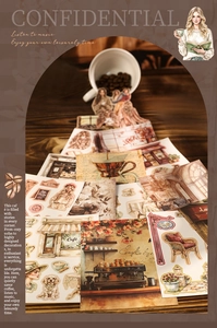 Detail of vintage cafe-themed planner stickers with coffee machine and retro shop motifs